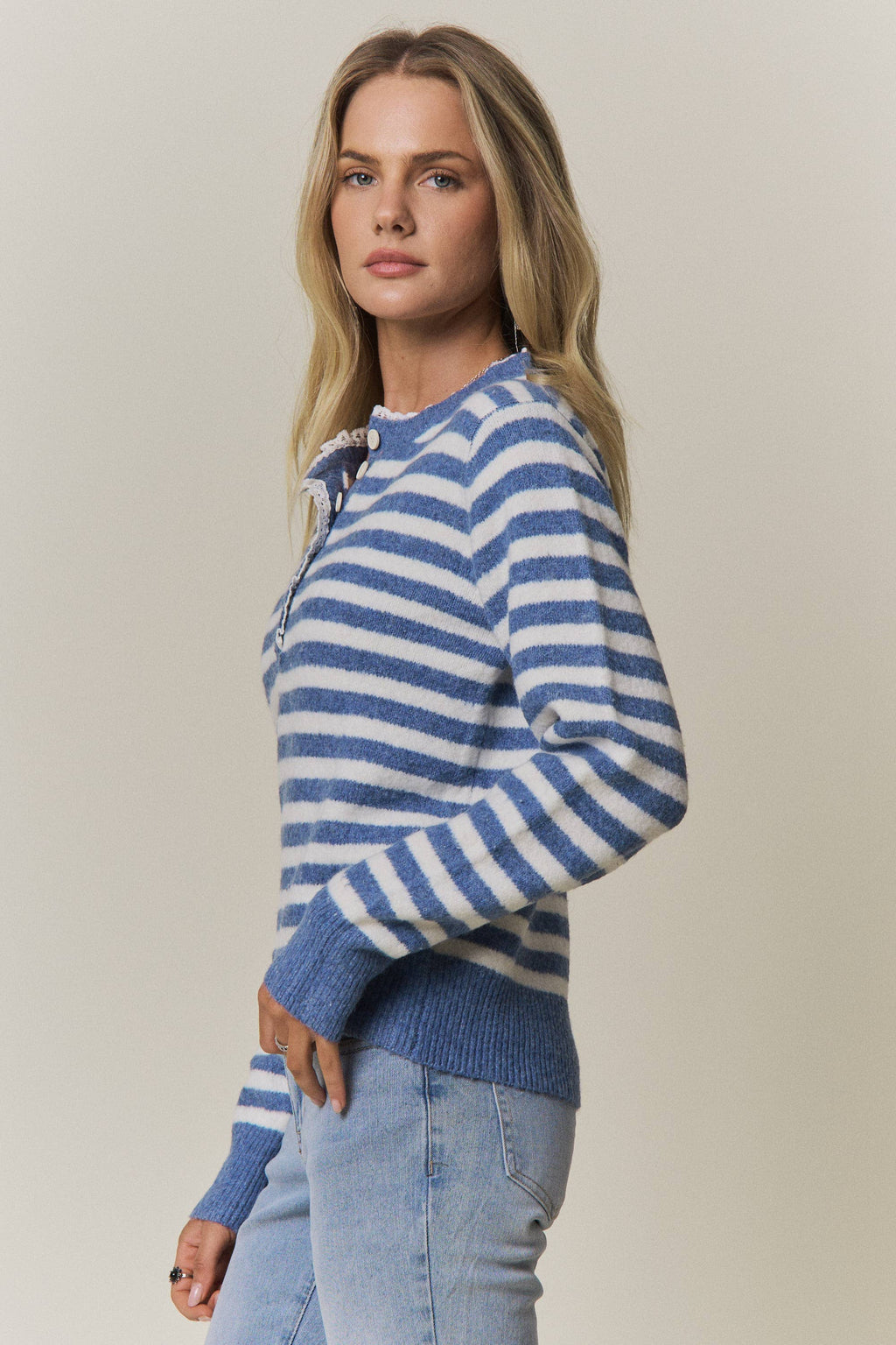 STRIPED KNIT HENLEY SWEATER- CESW4380