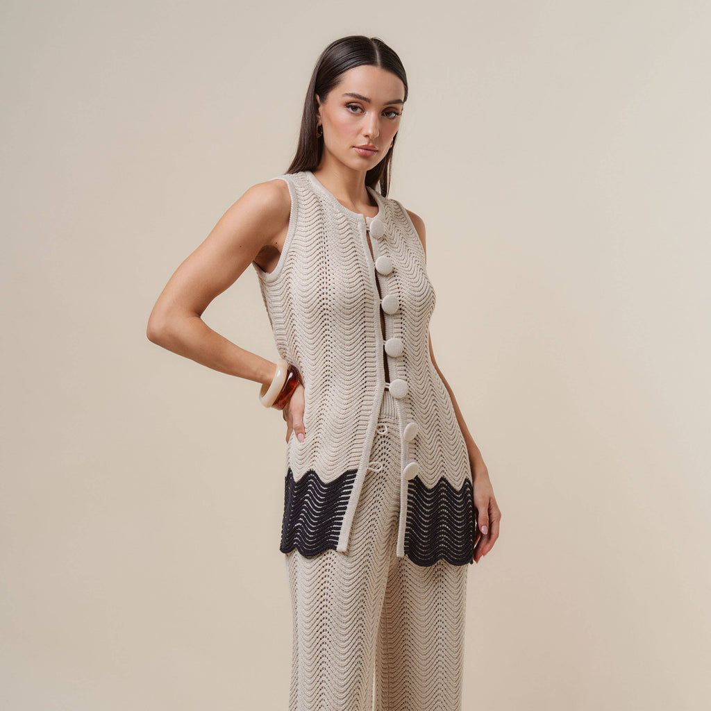 AS3390 Colorblock Button knit top & pants set