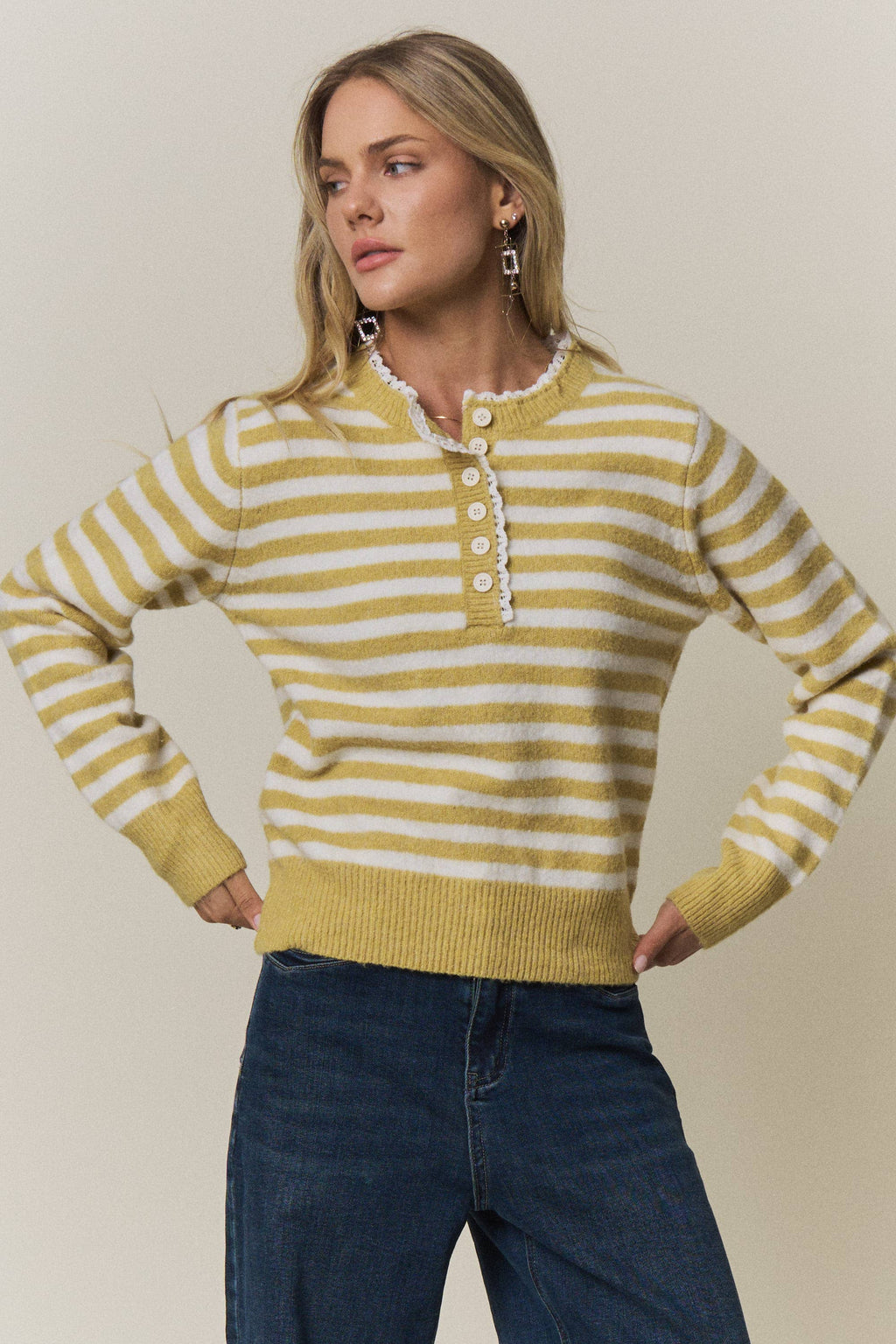 STRIPED KNIT HENLEY SWEATER- CESW4380