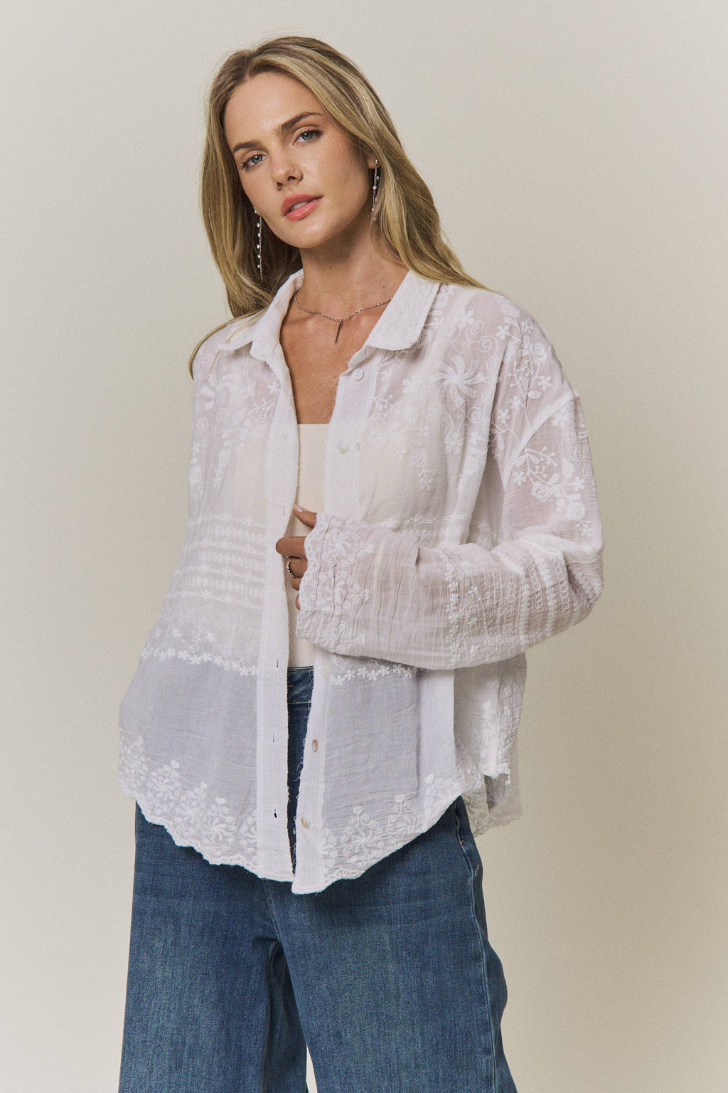 EMBROIDERED SHEER BUTTON-DOWN BLOUSE- CET4525
