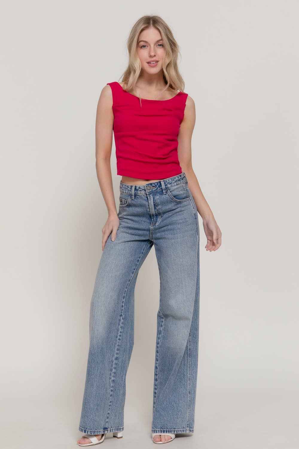 Sleeveless Wide Boat Neck Draped Knit Top