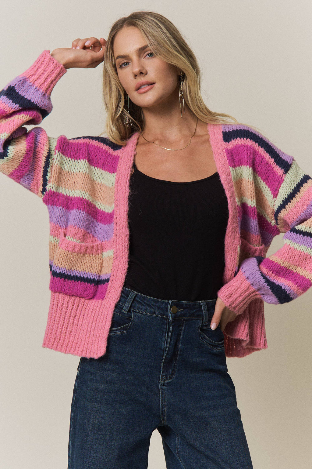 VIBRANT STRIPED COLOR BLOCK CARDIGAN
