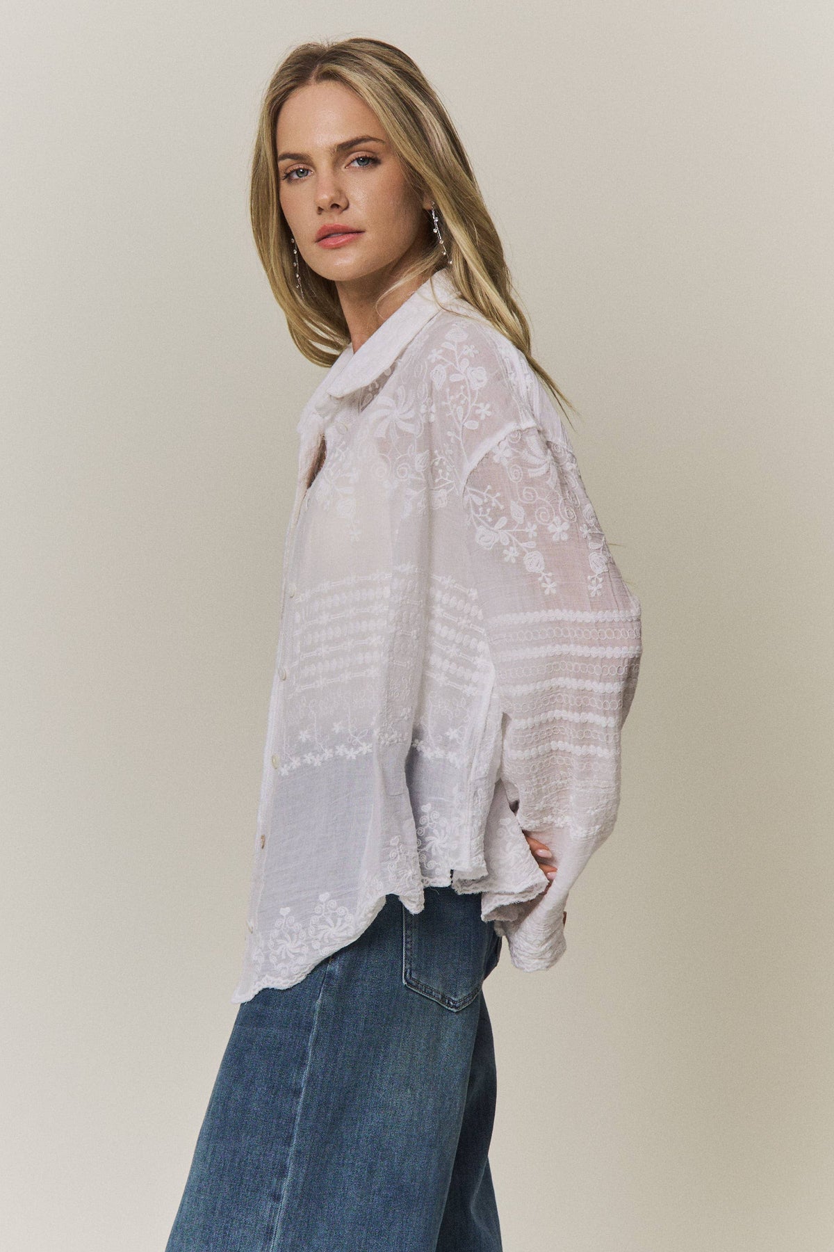 EMBROIDERED SHEER BUTTON-DOWN BLOUSE- CET4525