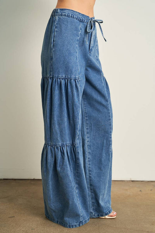 6822-RUFFLE DETAIL WASHED WIDE JEANS