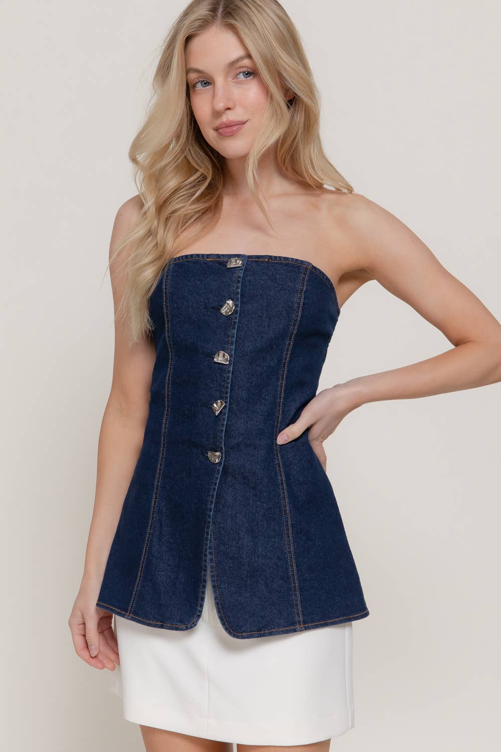 Button Split Stretch Denim Tube Top