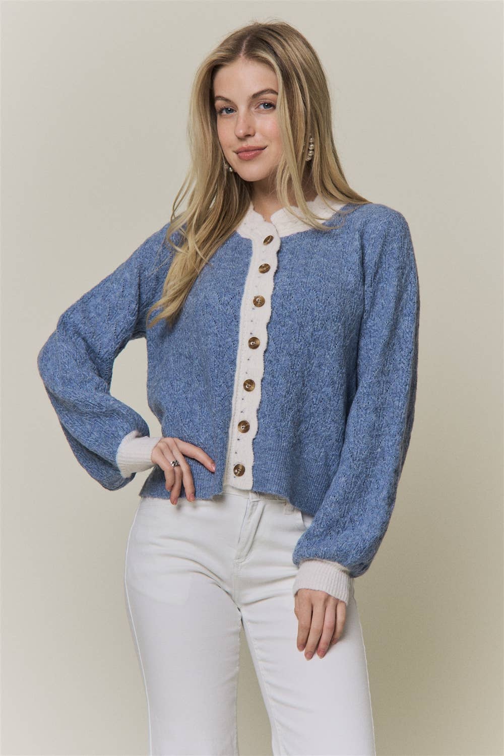 CONTRAST SCALLOP TRIM SWEATER CARDIGAN