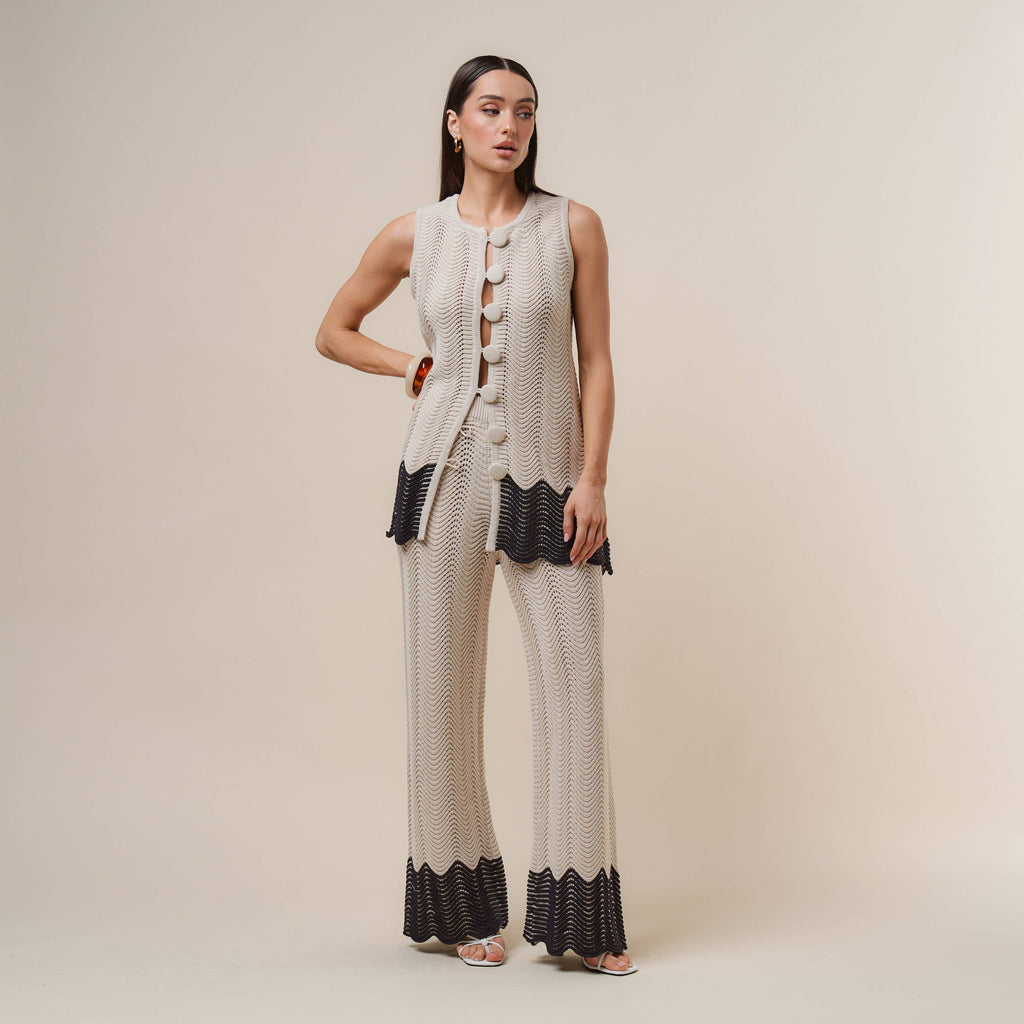 AS3390 Colorblock Button knit top & pants set