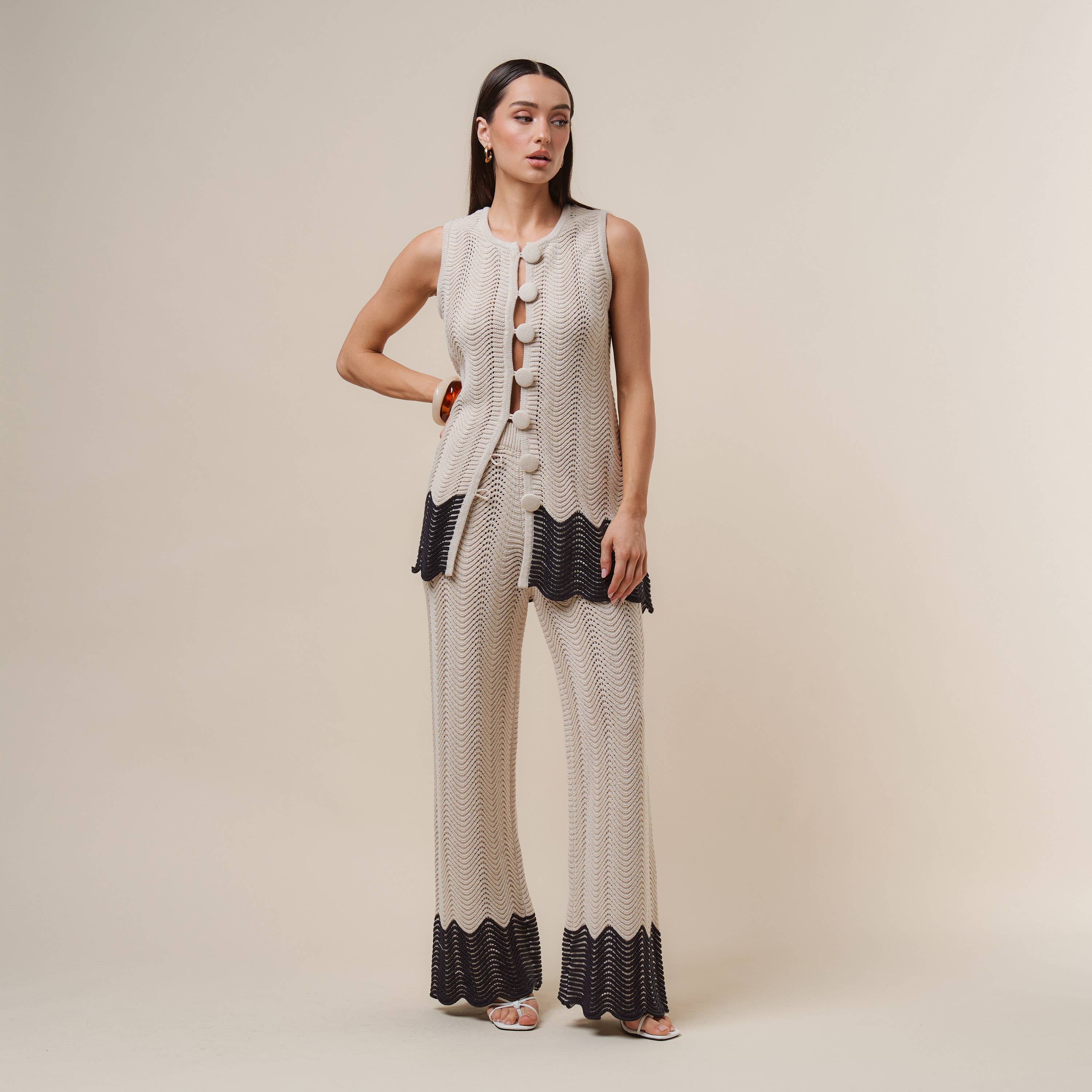 AS3390 Colorblock Button knit top & pants set