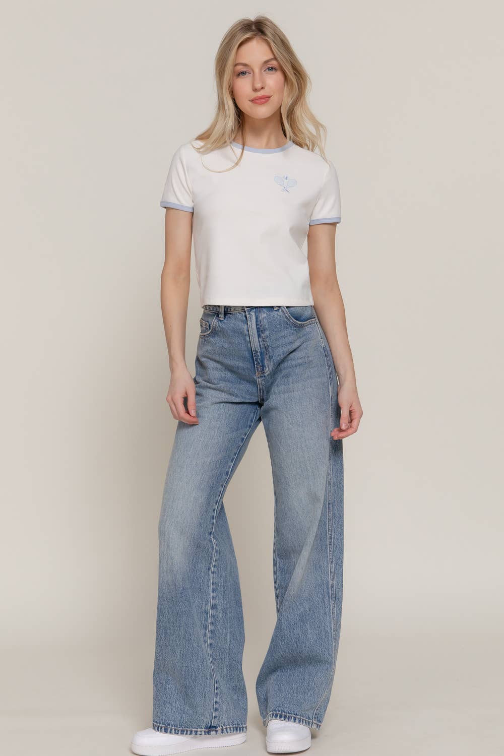 Short Sleeve Crew Neck Embroidery Ringer T-shirt