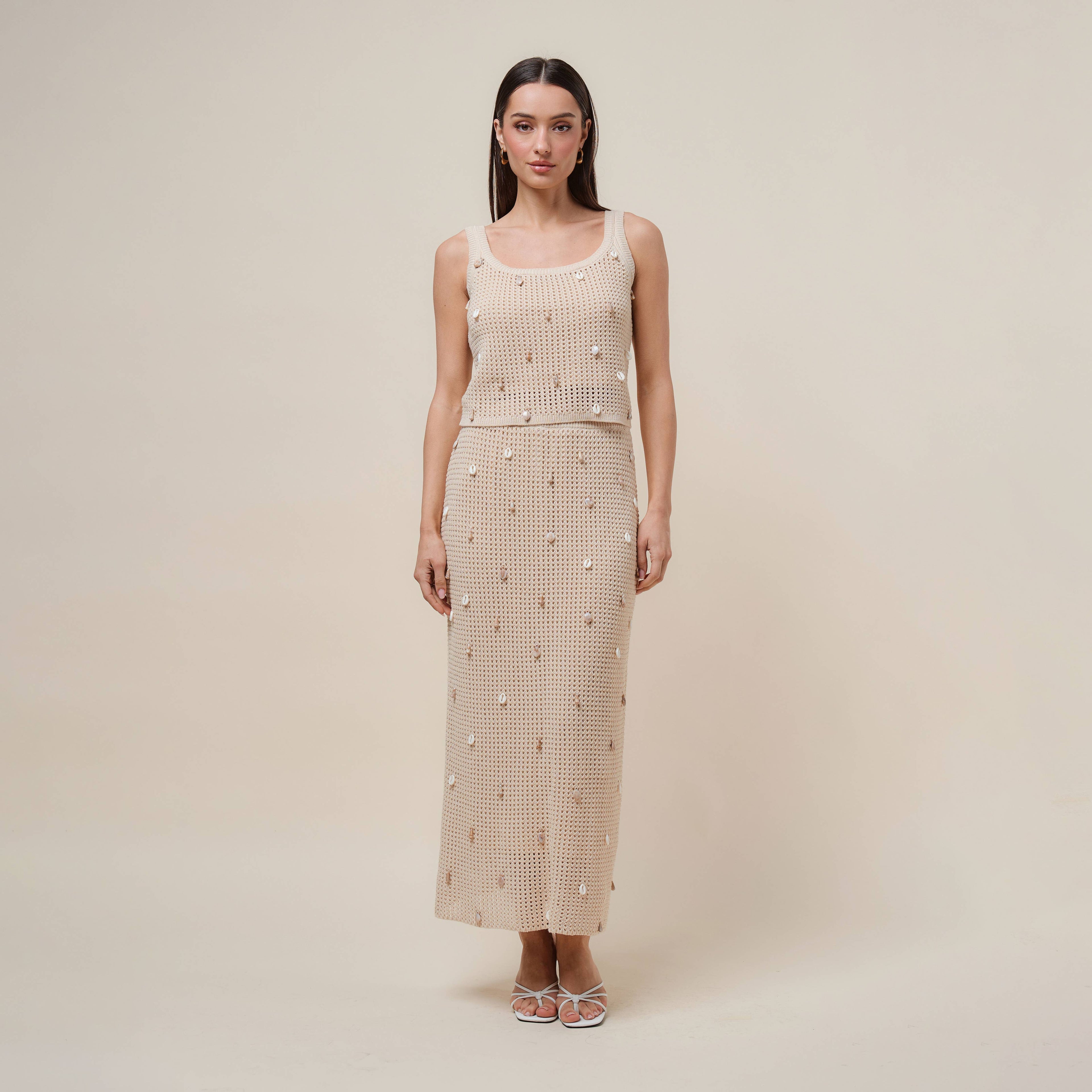 AS2986 Shell embellished knit top & skirt set
