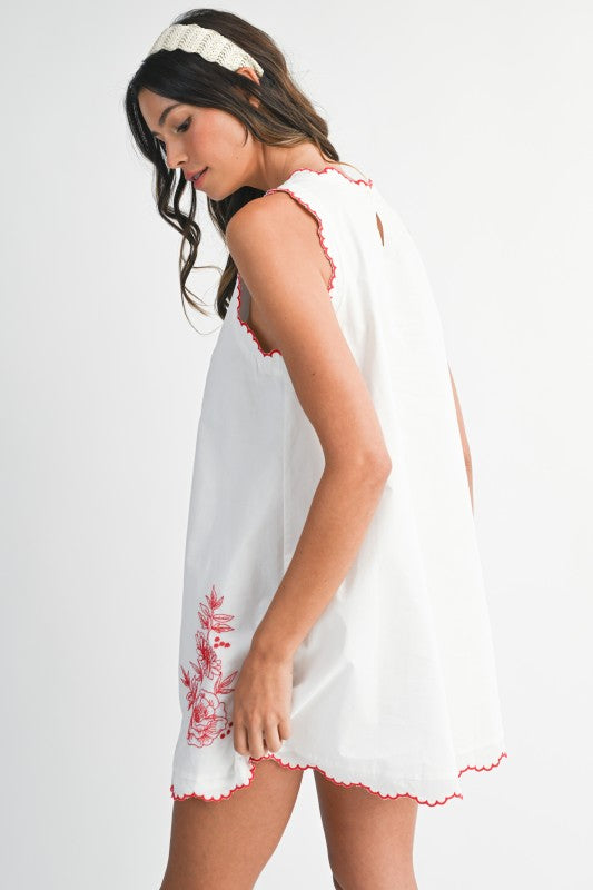 Floral Embroidered Scalloped Edge Mini Dress