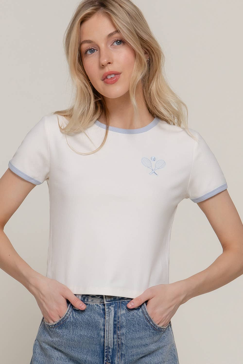 Short Sleeve Crew Neck Embroidery Ringer T-shirt