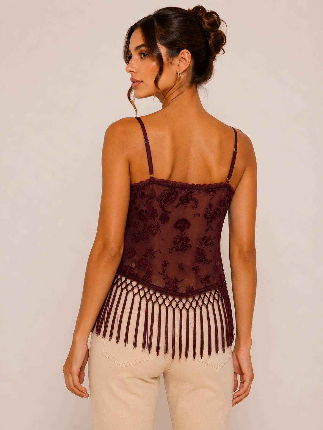 MACRAME FRINGE VELVET FLOCKED MESH TOP - TI7970FO