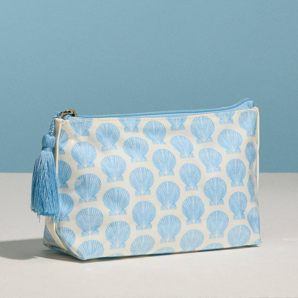 Blue Seashell Print Cosmetic Pouch | Zipper Makeup Bag with Tassel