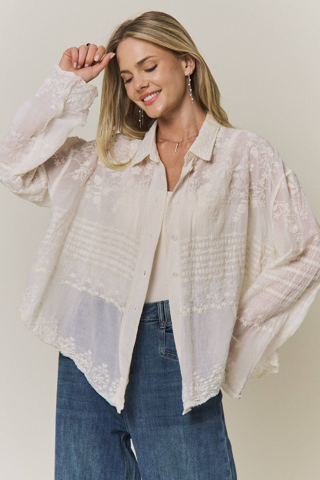 EMBROIDERED SHEER BUTTON-DOWN BLOUSE- CET4525