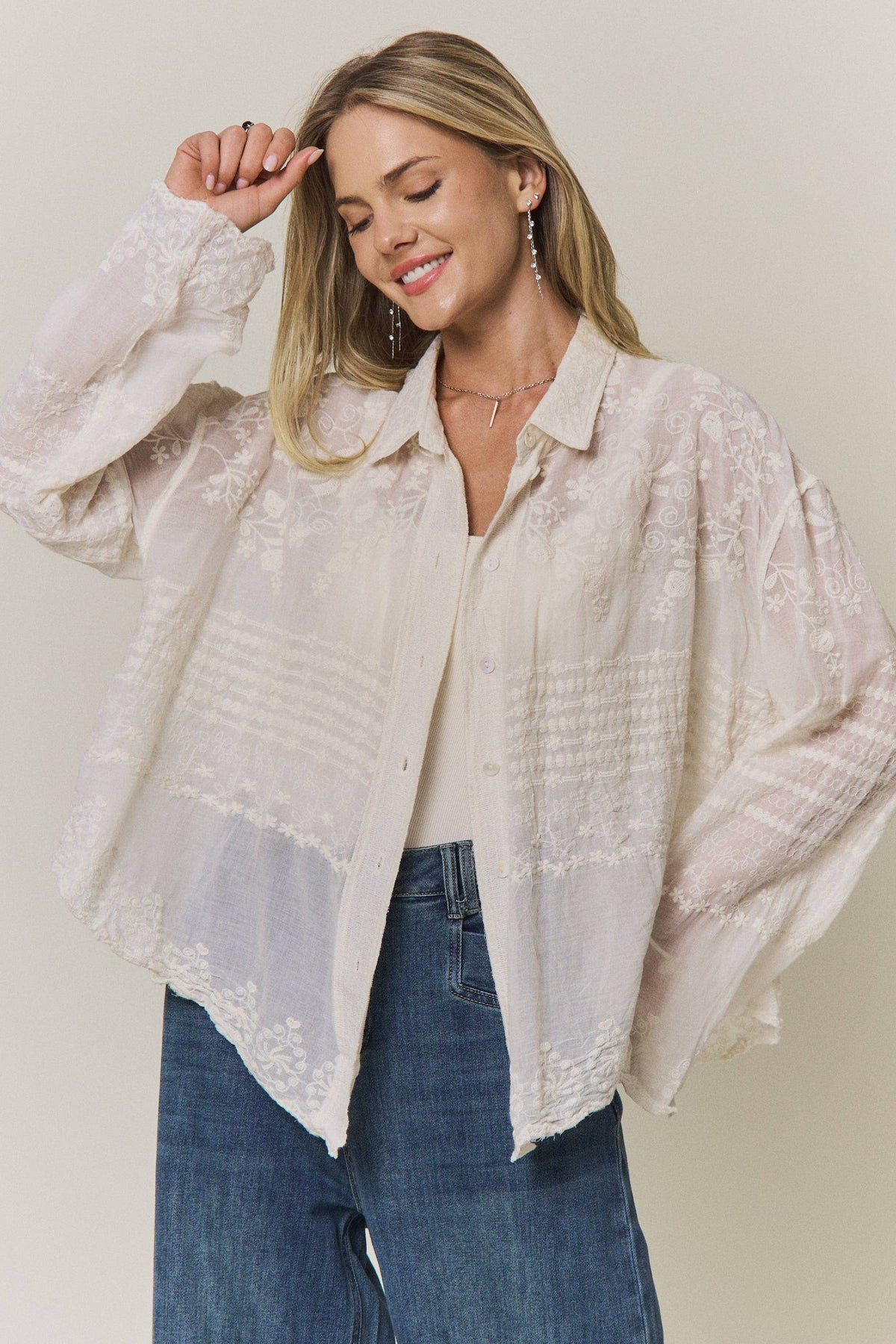 EMBROIDERED SHEER BUTTON-DOWN BLOUSE- CET4525