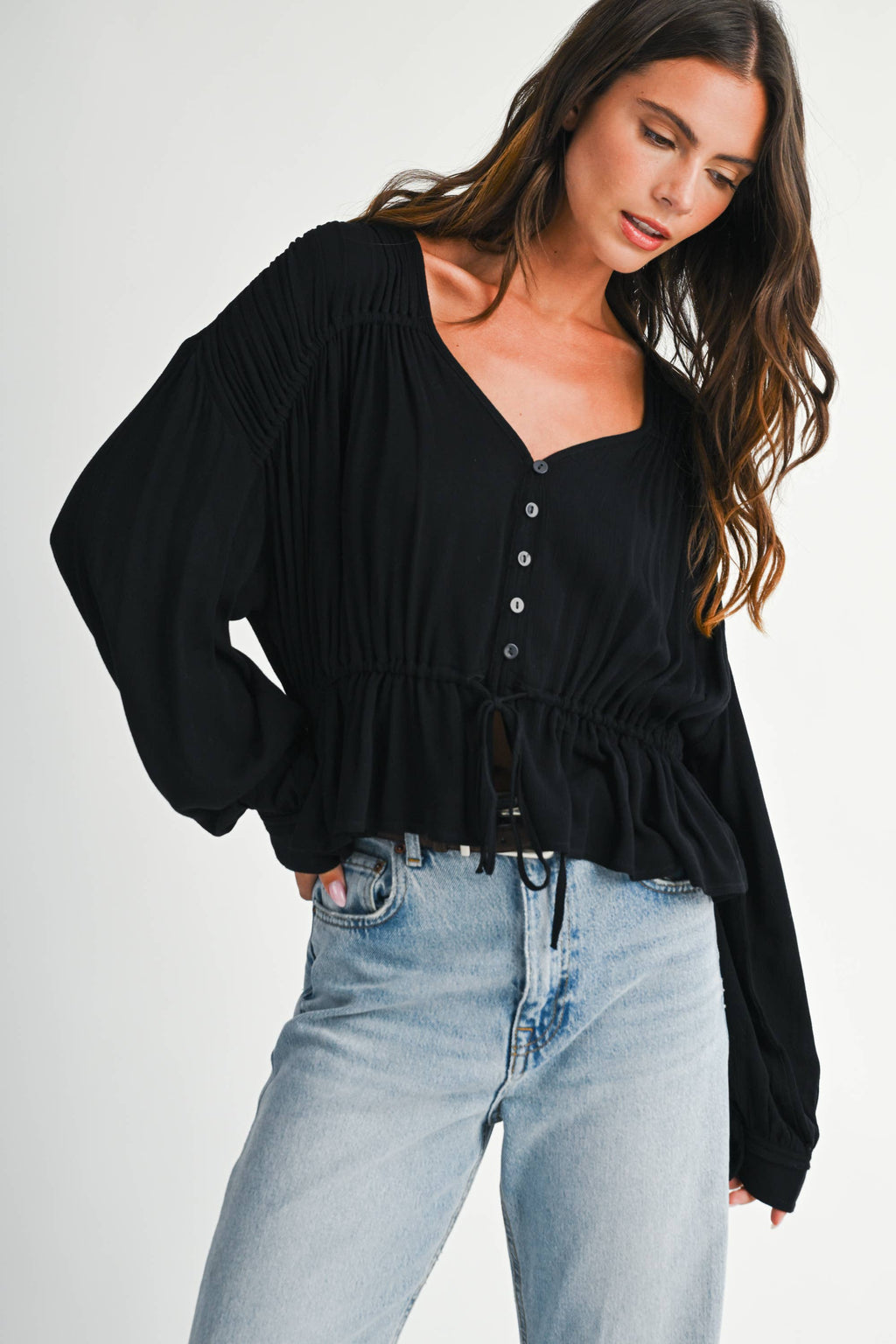 Textured Button Front Peplum Blouse