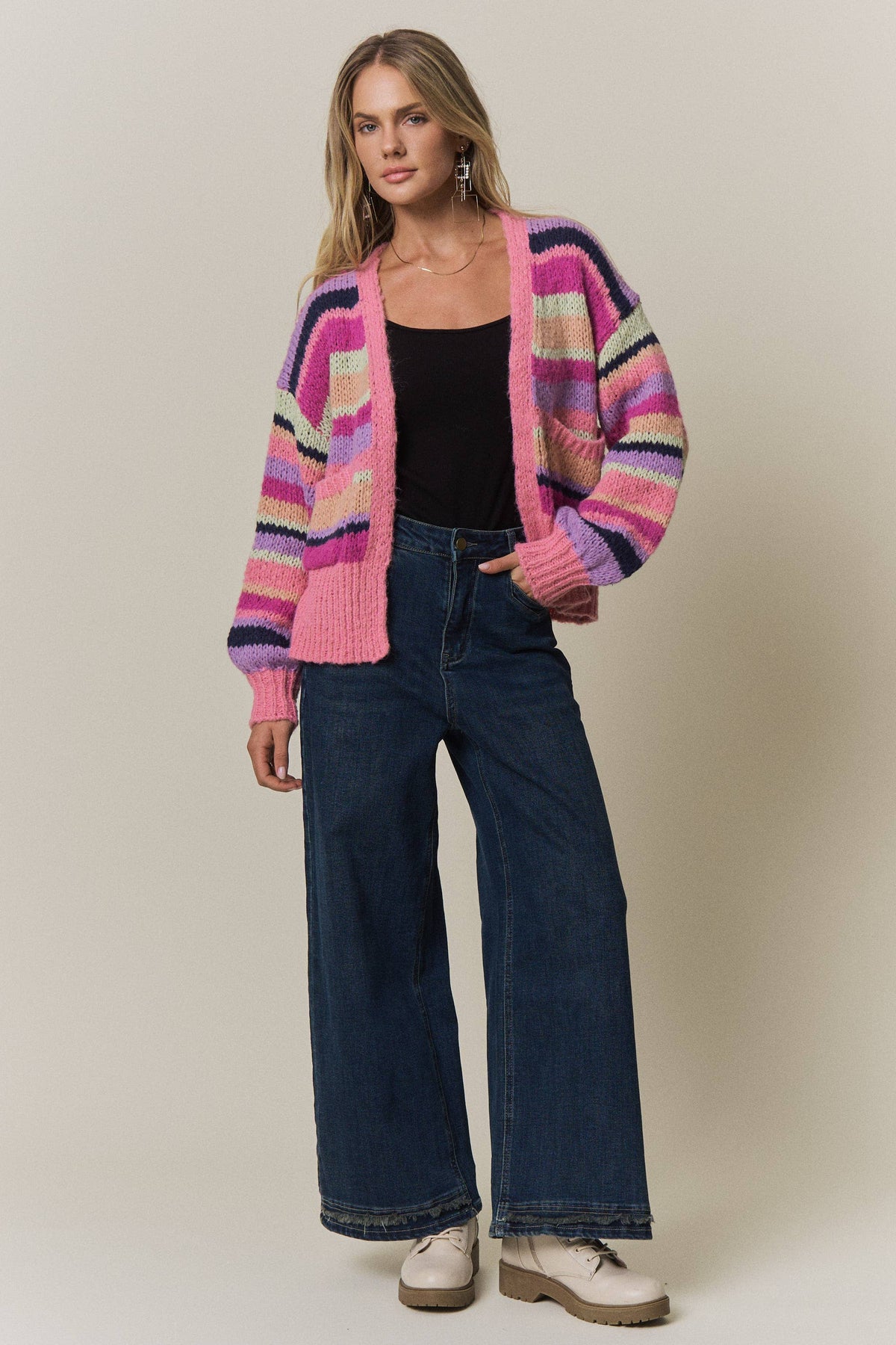 VIBRANT STRIPED COLOR BLOCK CARDIGAN