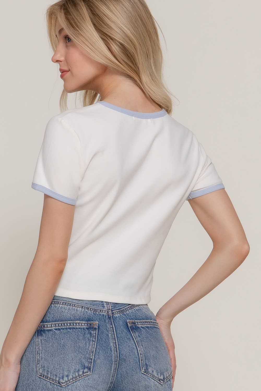 Short Sleeve Crew Neck Embroidery Ringer T-shirt