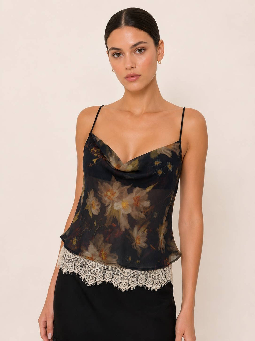 COWL NECK LACE TRIM TANK TOP