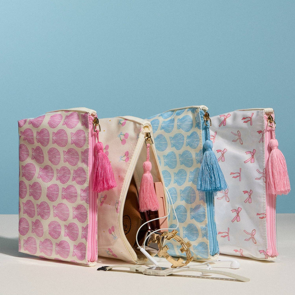 Blue Seashell Print Cosmetic Pouch | Zipper Makeup Bag with Tassel