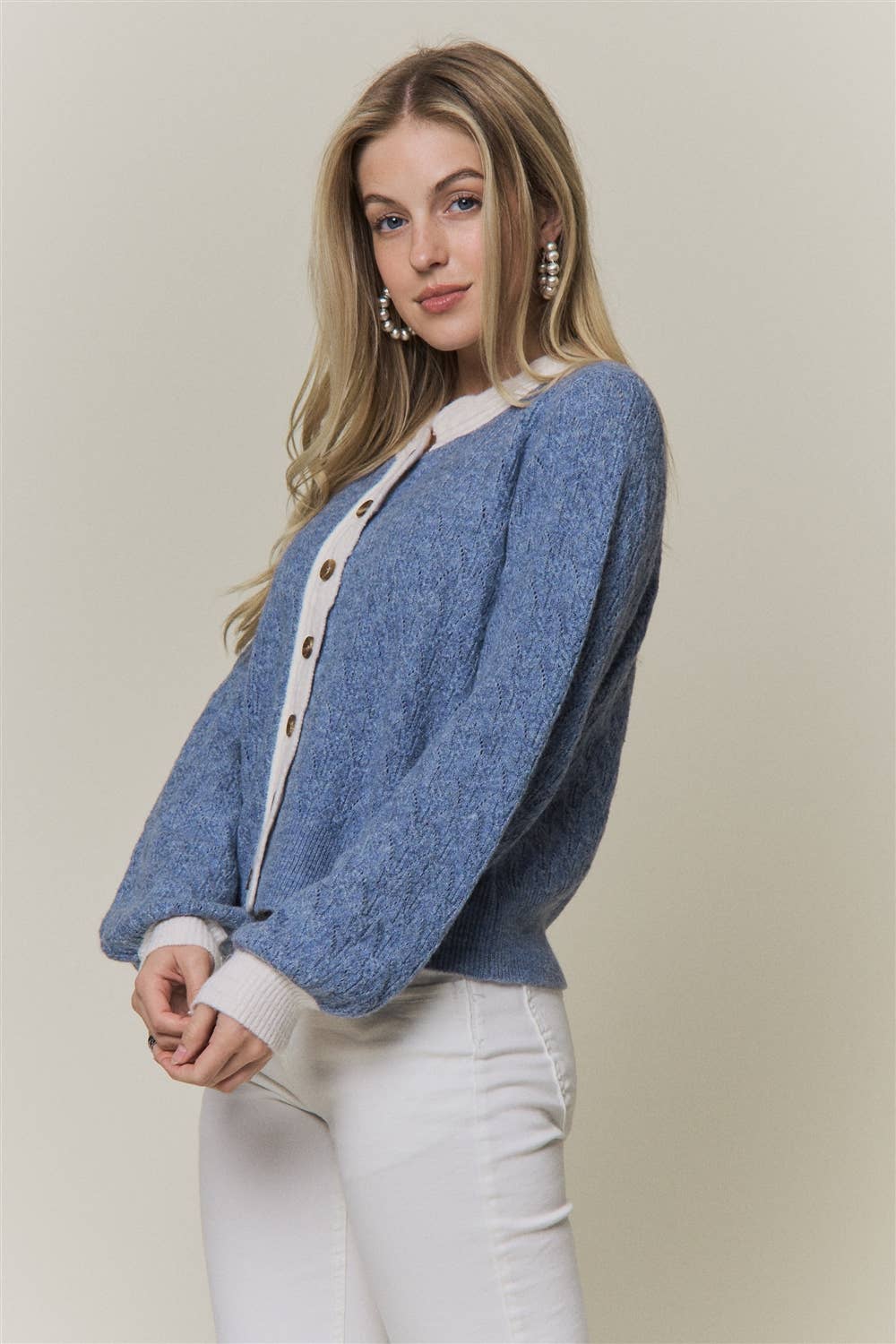 CONTRAST SCALLOP TRIM SWEATER CARDIGAN