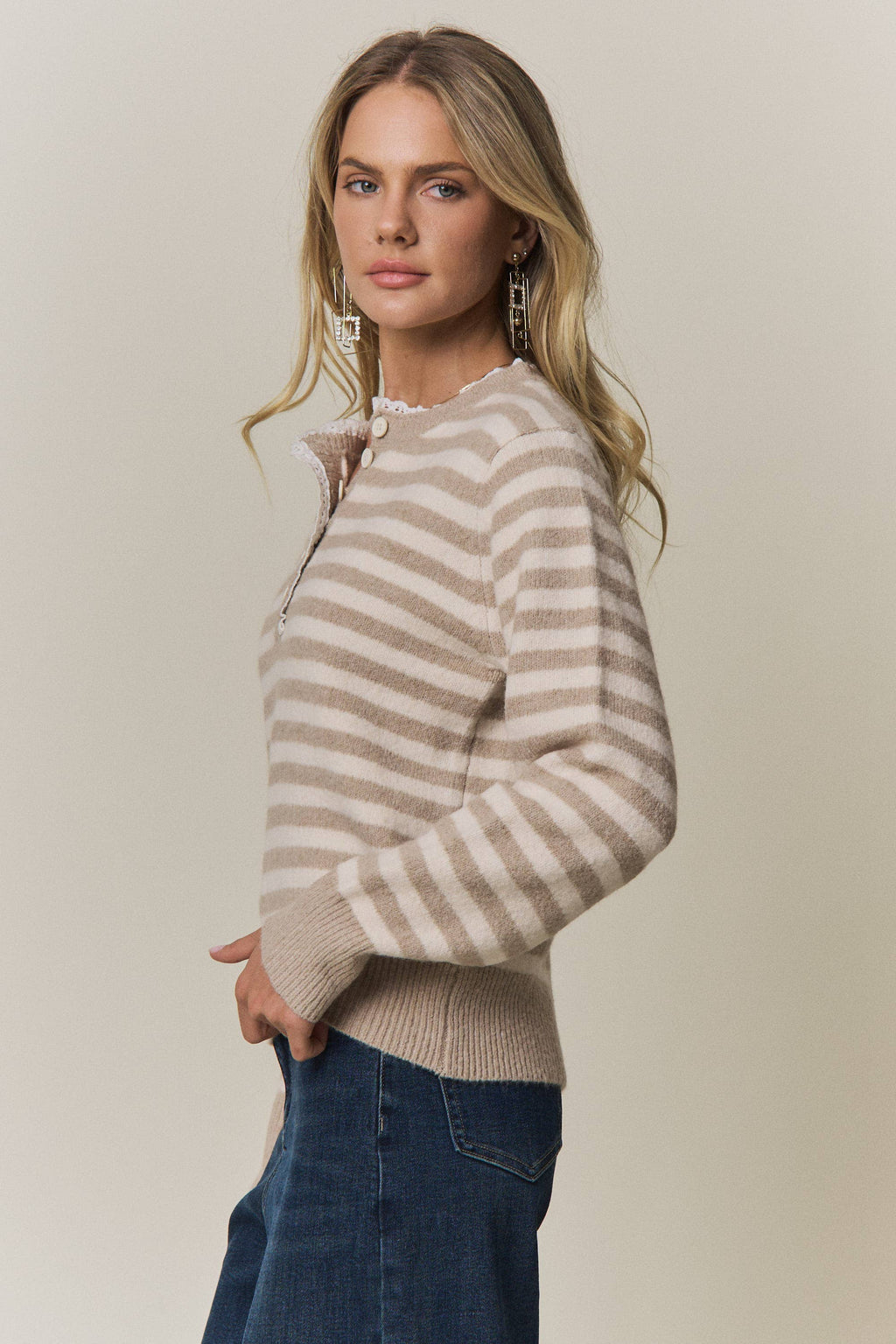 STRIPED KNIT HENLEY SWEATER- CESW4380