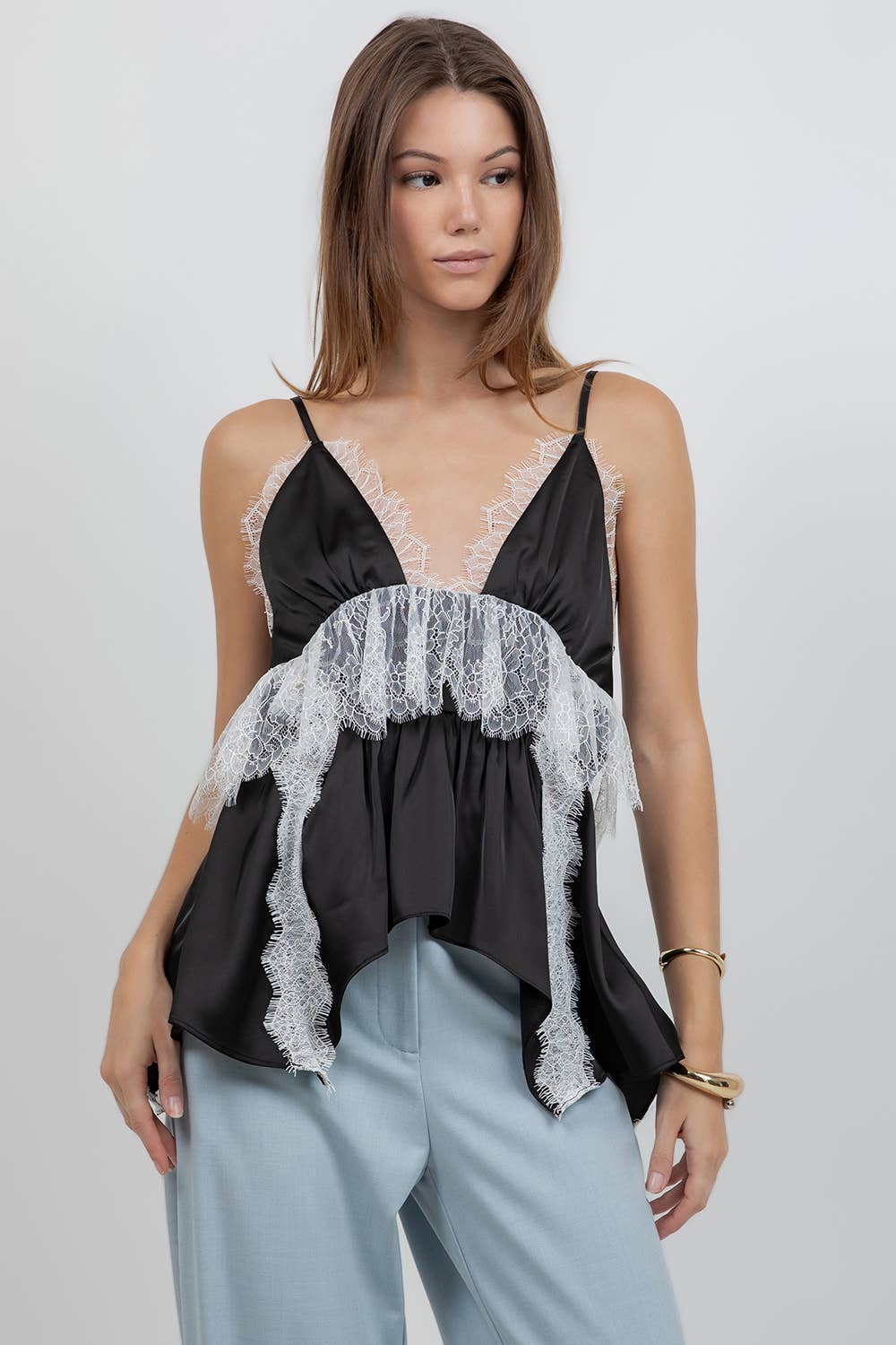 LACE MIXED SATIN CAMI TANK TOP