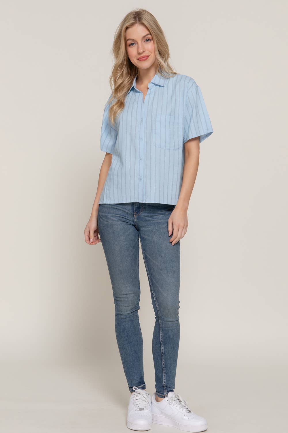 Short Dolman Sleeve Button Down Stripe Linen Shirt