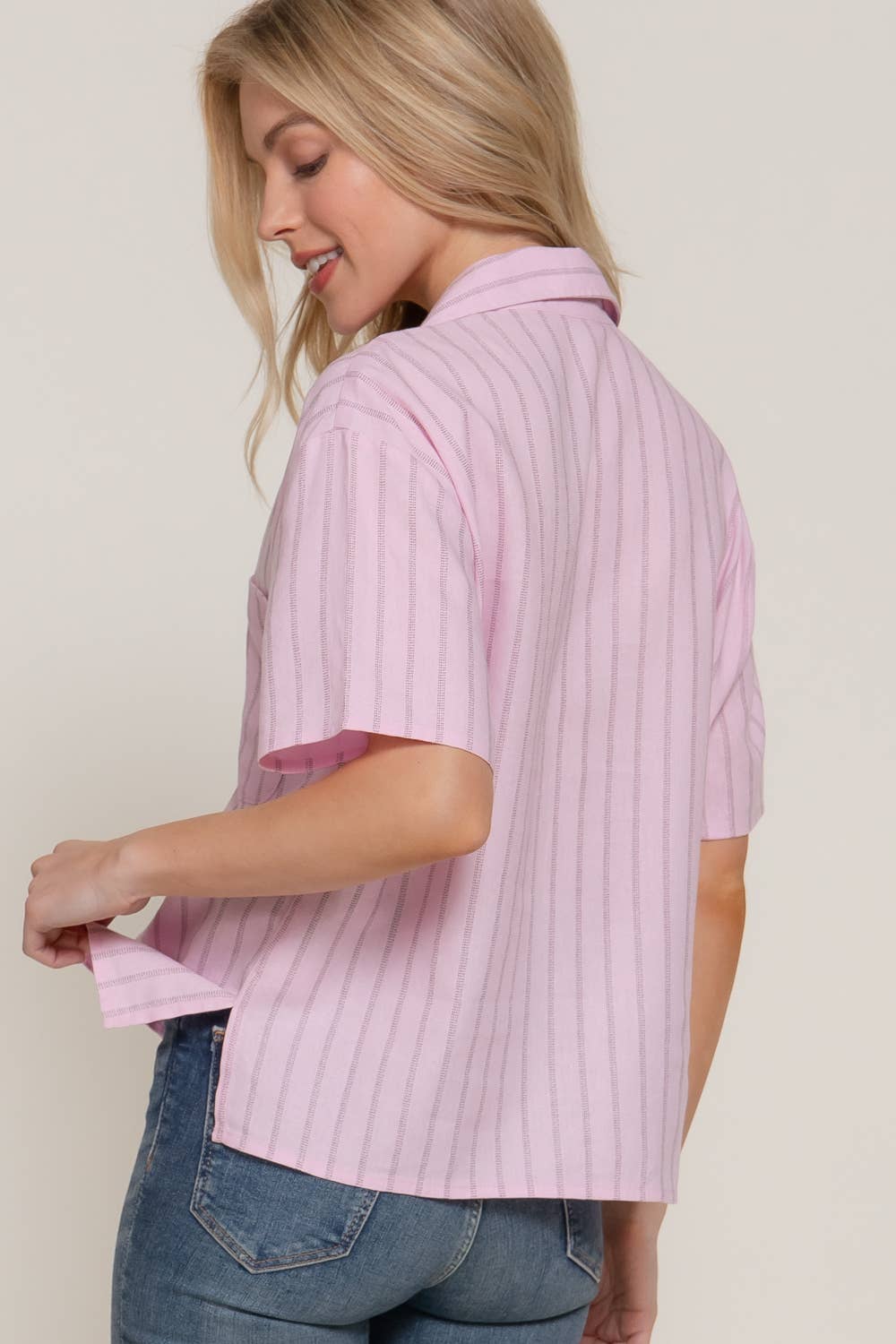 Short Dolman Sleeve Button Down Stripe Linen Shirt