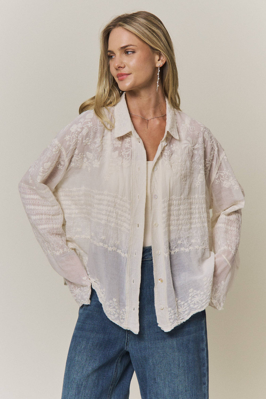 EMBROIDERED SHEER BUTTON-DOWN BLOUSE- CET4525