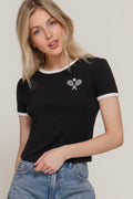 Short Sleeve Crew Neck Embroidery Ringer T-shirt