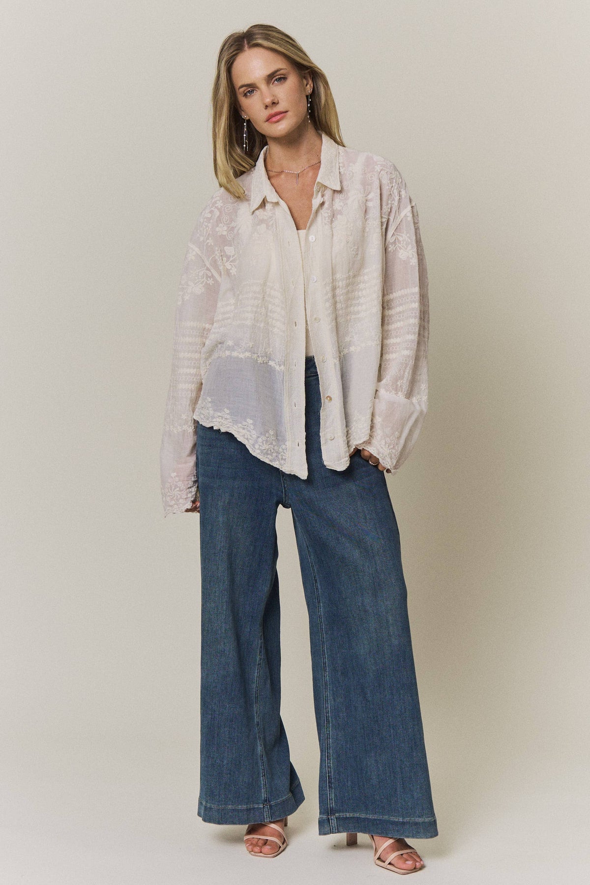EMBROIDERED SHEER BUTTON-DOWN BLOUSE- CET4525