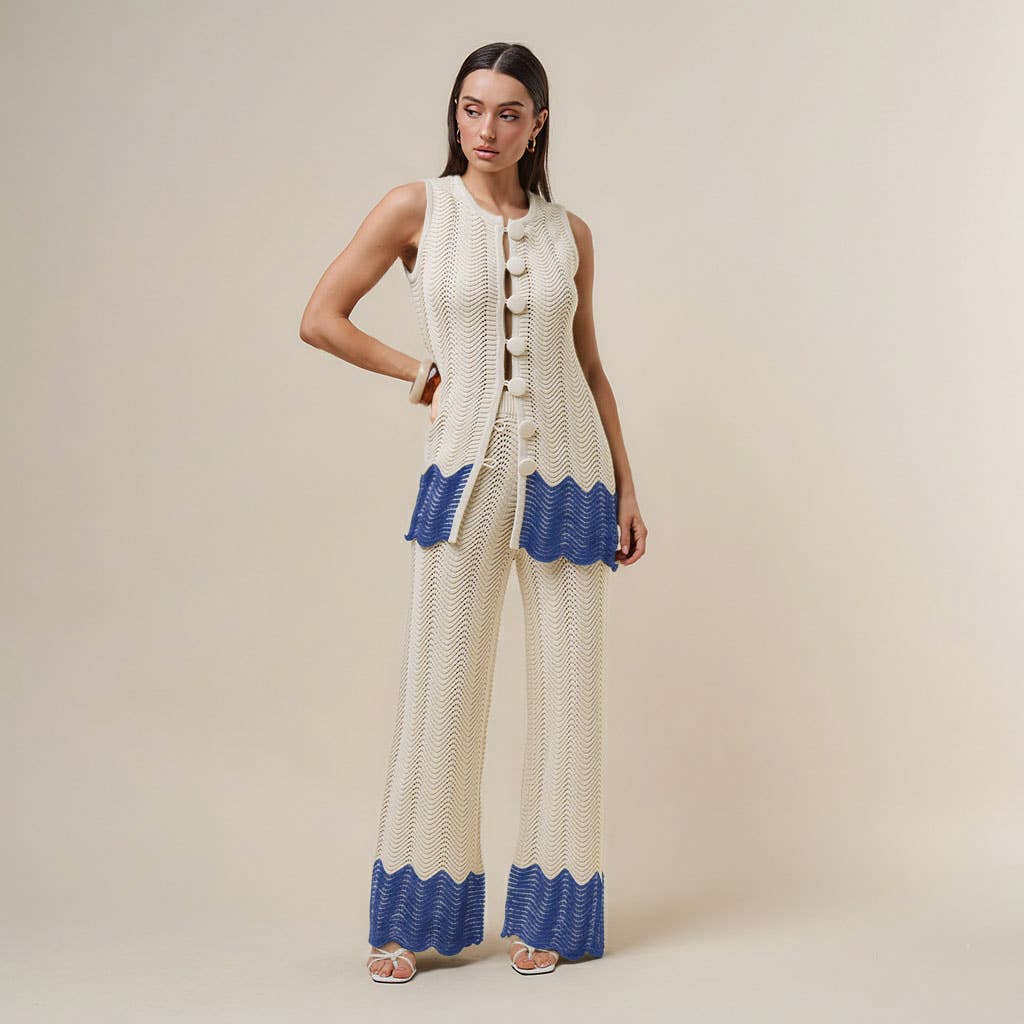 AS3390 Colorblock Button knit top & pants set