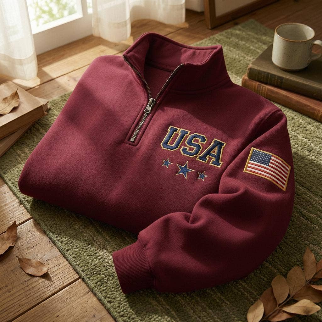 Embroidered USA Quarter-Zip Sweatshirt, Retro American