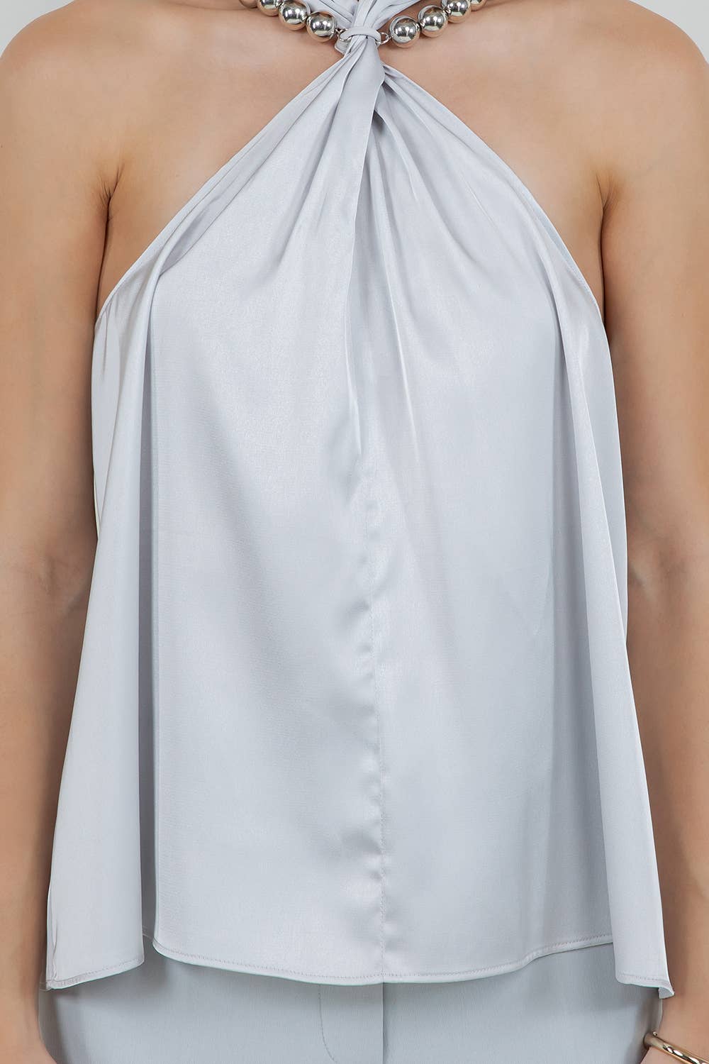 HALTER NECK SATIN TANK TOP WITH METALLIC SILVER BEADING