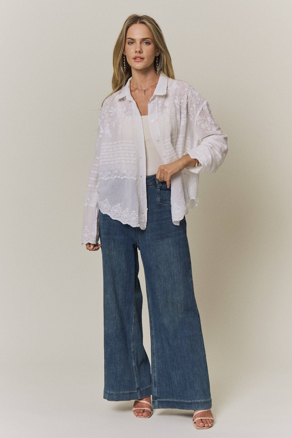 EMBROIDERED SHEER BUTTON-DOWN BLOUSE- CET4525