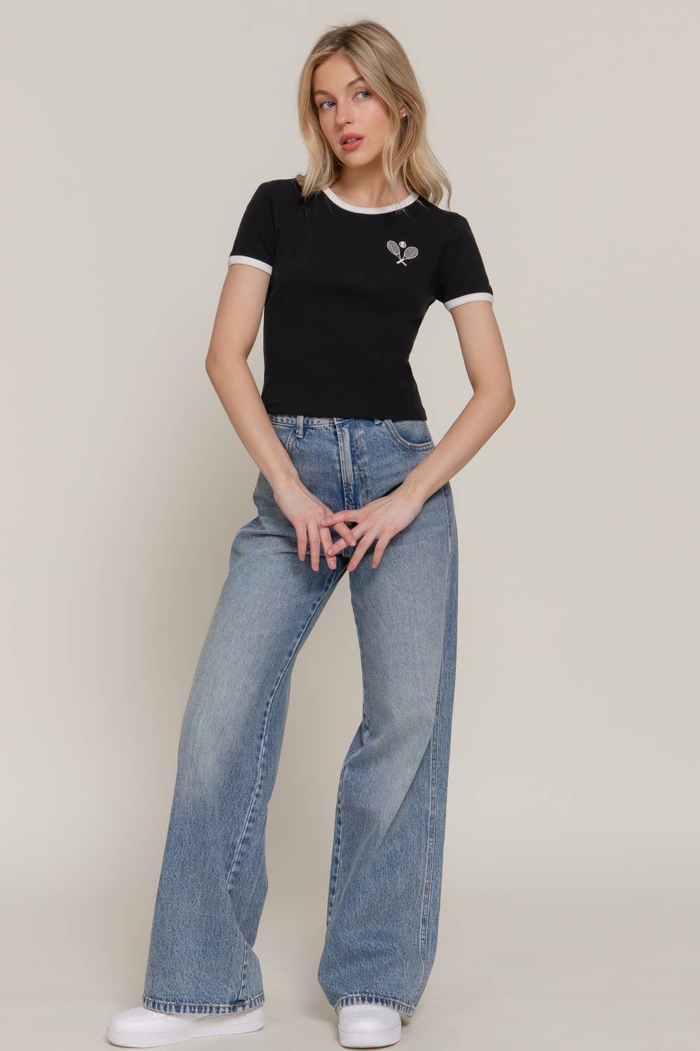 Short Sleeve Crew Neck Embroidery Ringer T-shirt