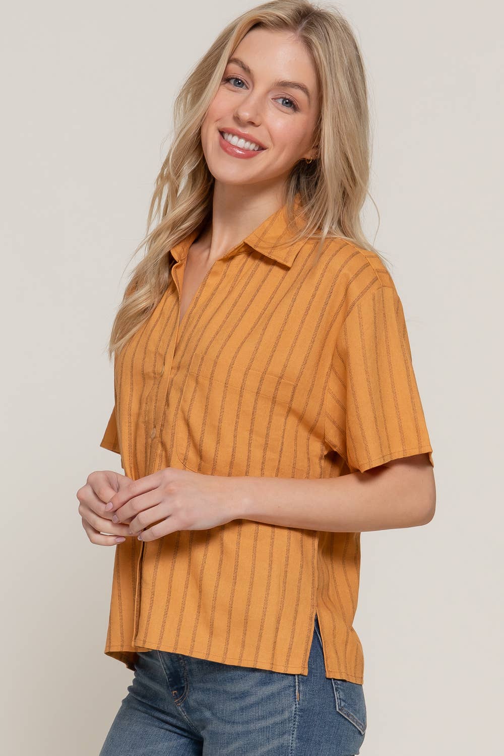 Short Dolman Sleeve Button Down Stripe Linen Shirt
