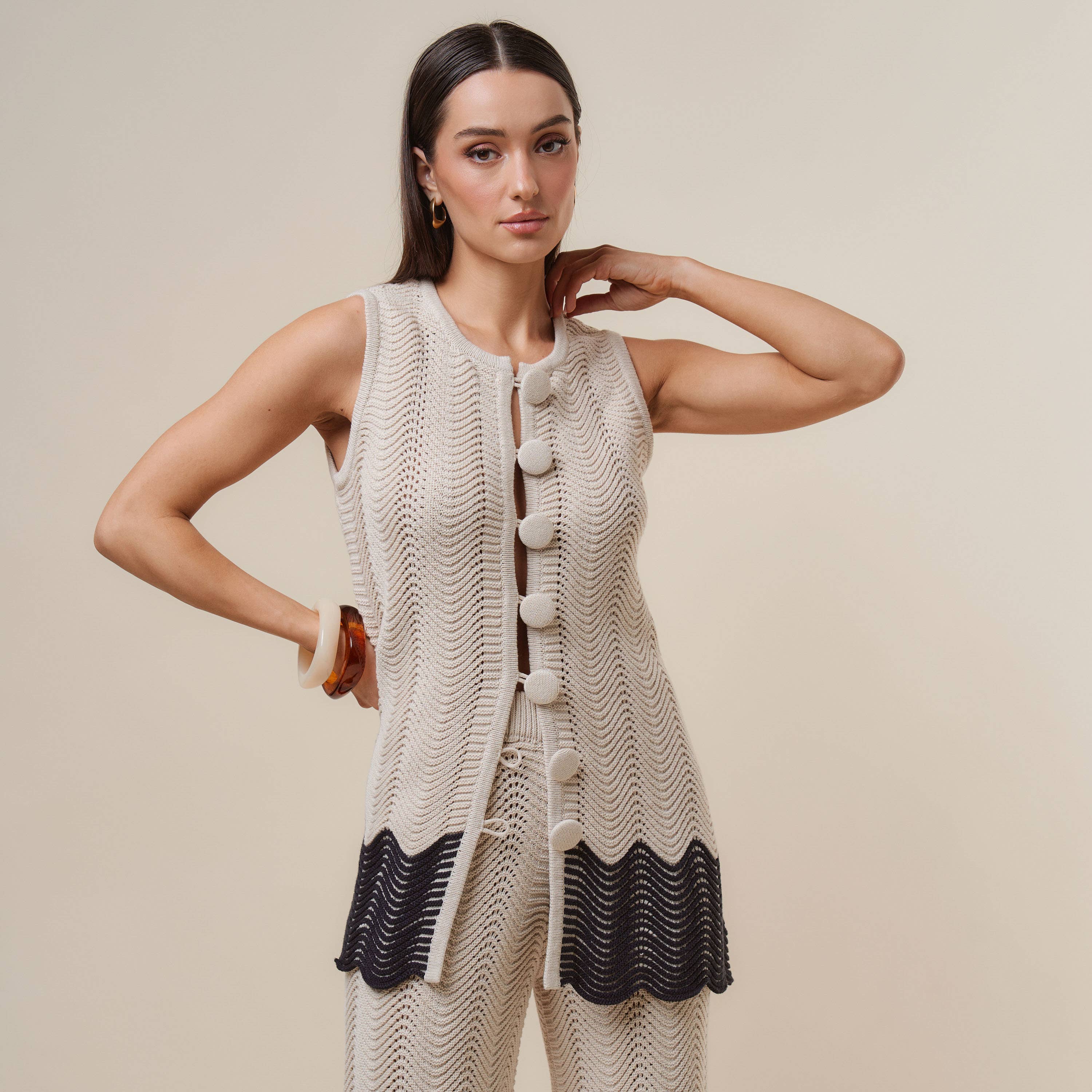 AS3390 Colorblock Button knit top & pants set