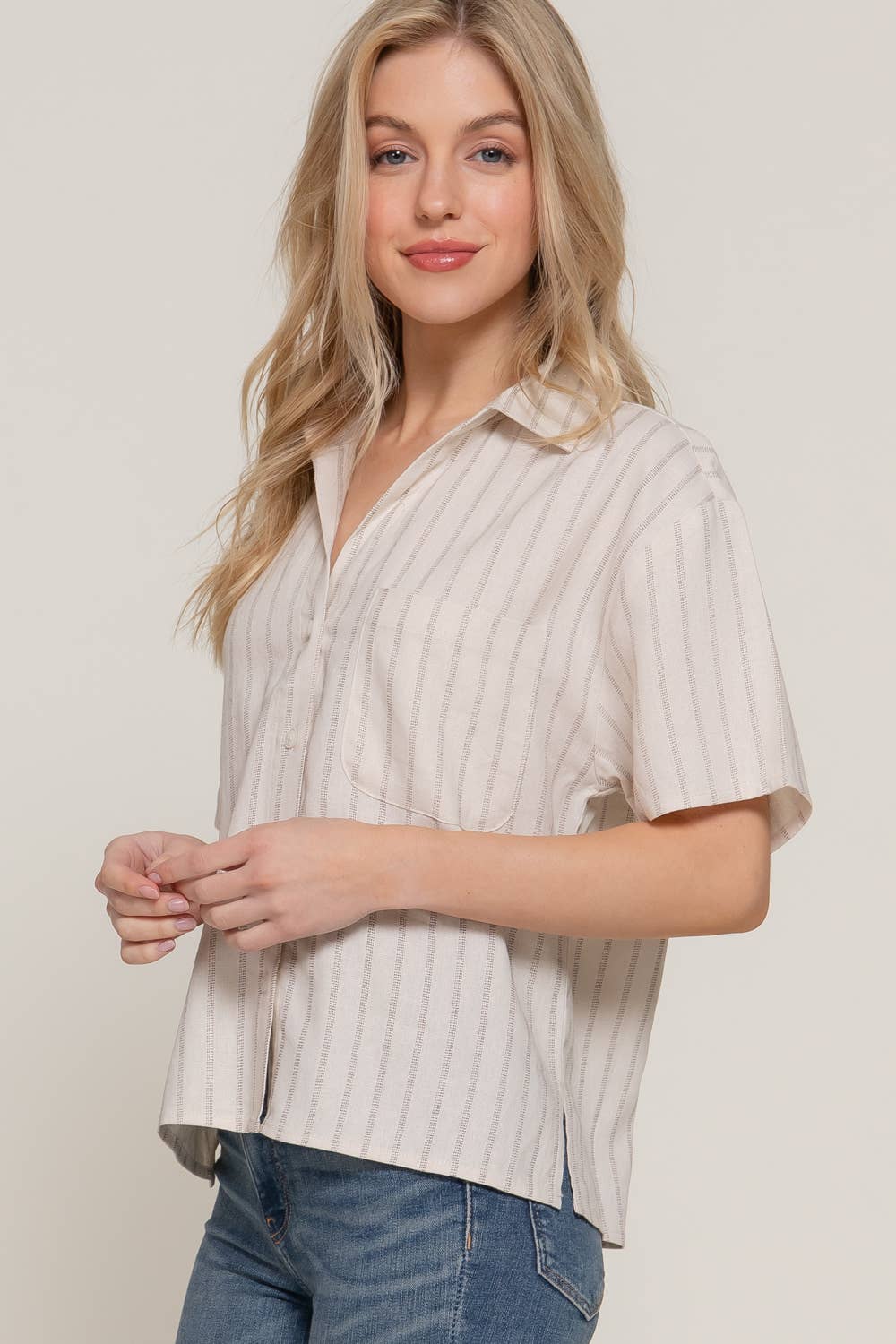 Short Dolman Sleeve Button Down Stripe Linen Shirt