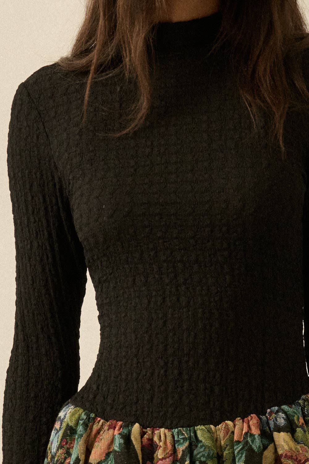 Textured Knit Floral Tapestry Bubble Mini Dress