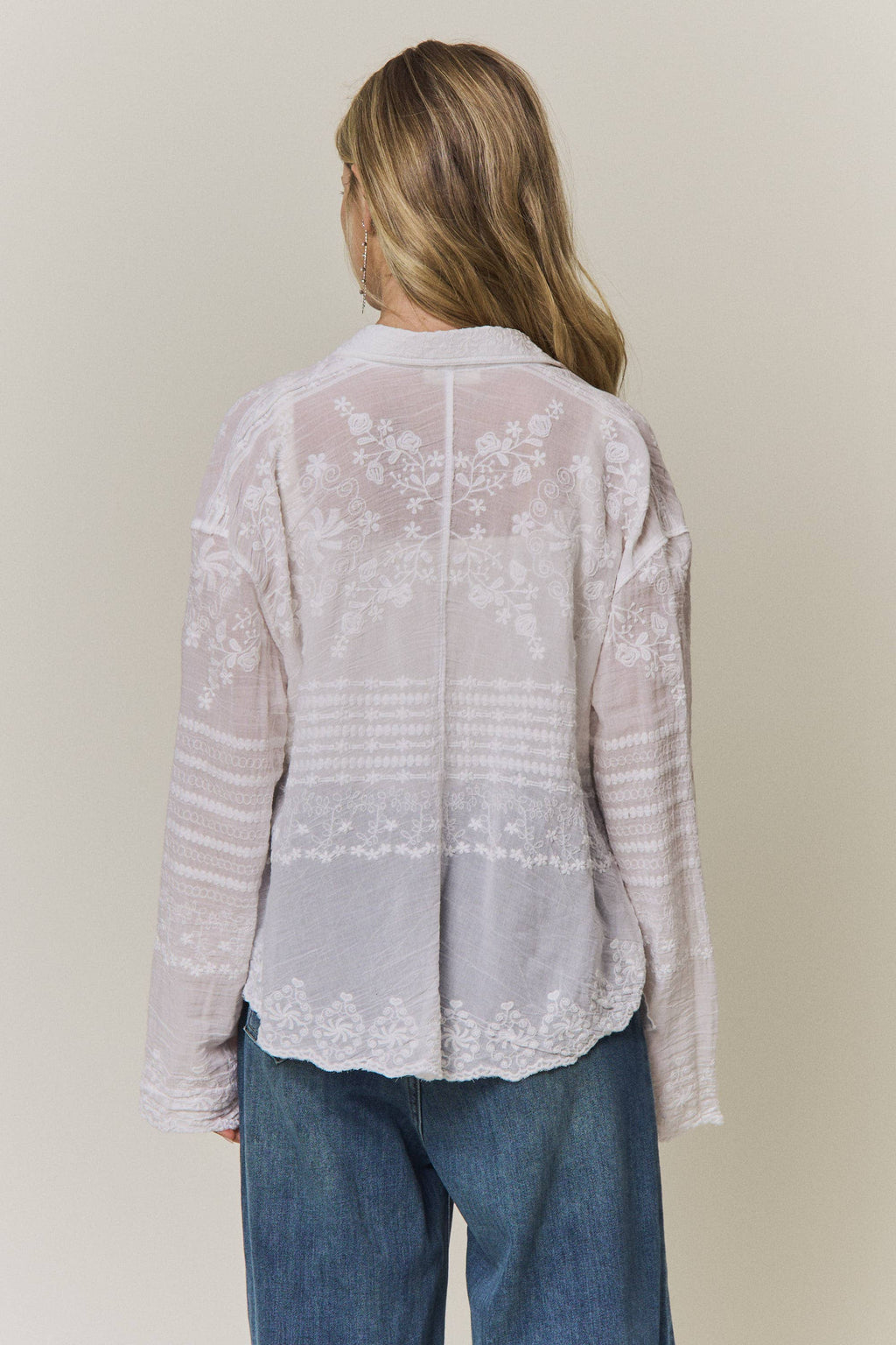 EMBROIDERED SHEER BUTTON-DOWN BLOUSE- CET4525