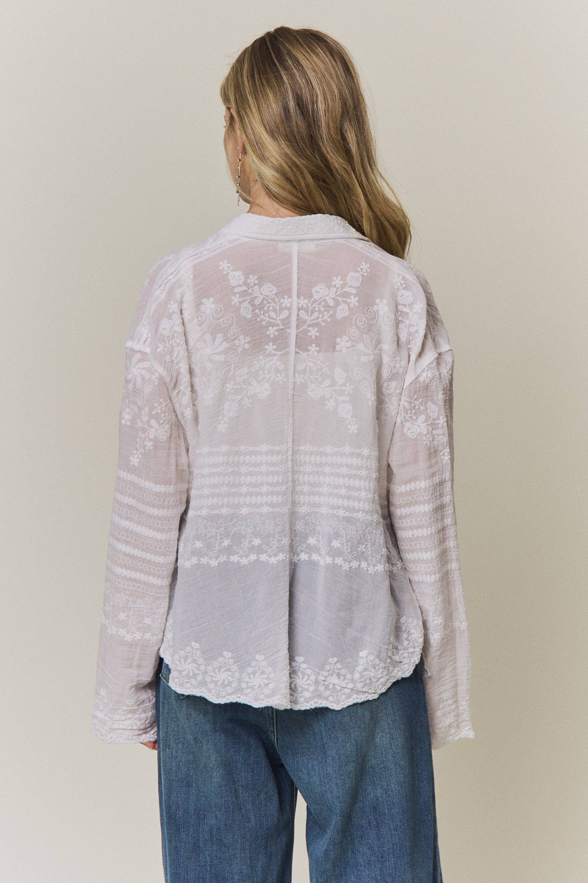 EMBROIDERED SHEER BUTTON-DOWN BLOUSE- CET4525