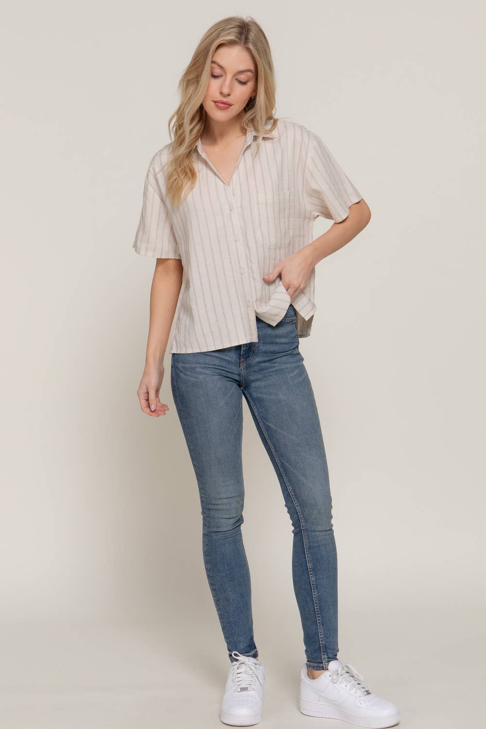 Short Dolman Sleeve Button Down Stripe Linen Shirt