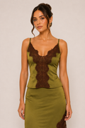 OLIVE LACE TRIM SATIN TOP - TI7512FO