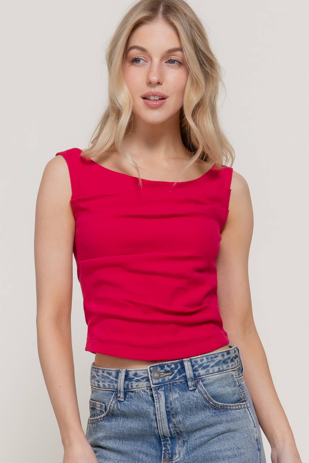 Sleeveless Wide Boat Neck Draped Knit Top