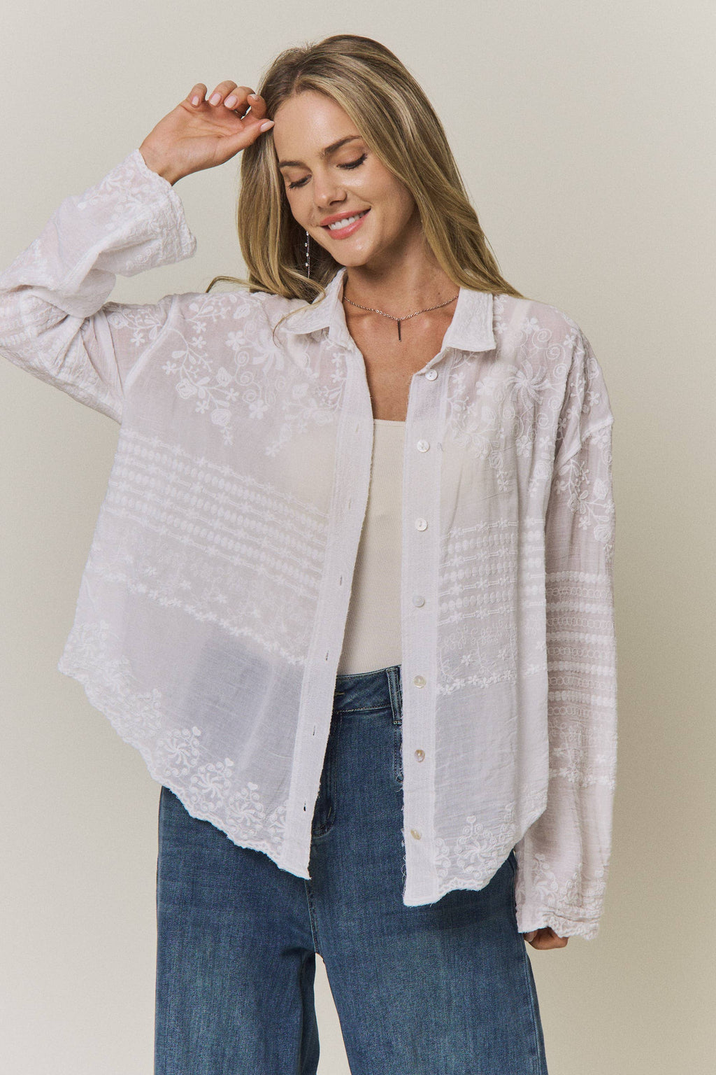 EMBROIDERED SHEER BUTTON-DOWN BLOUSE- CET4525
