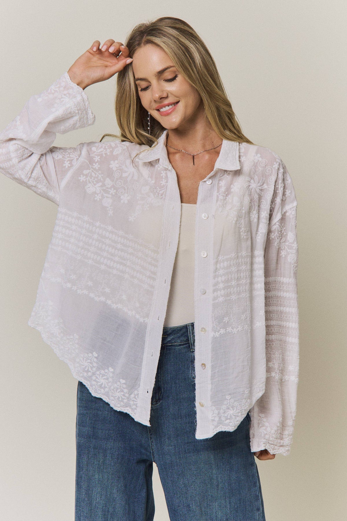 EMBROIDERED SHEER BUTTON-DOWN BLOUSE- CET4525