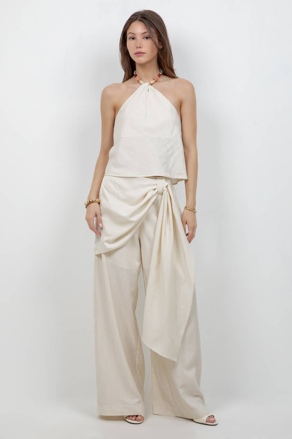 SOFT WOVEN HALTER TOP WITH BEAD ACCENT